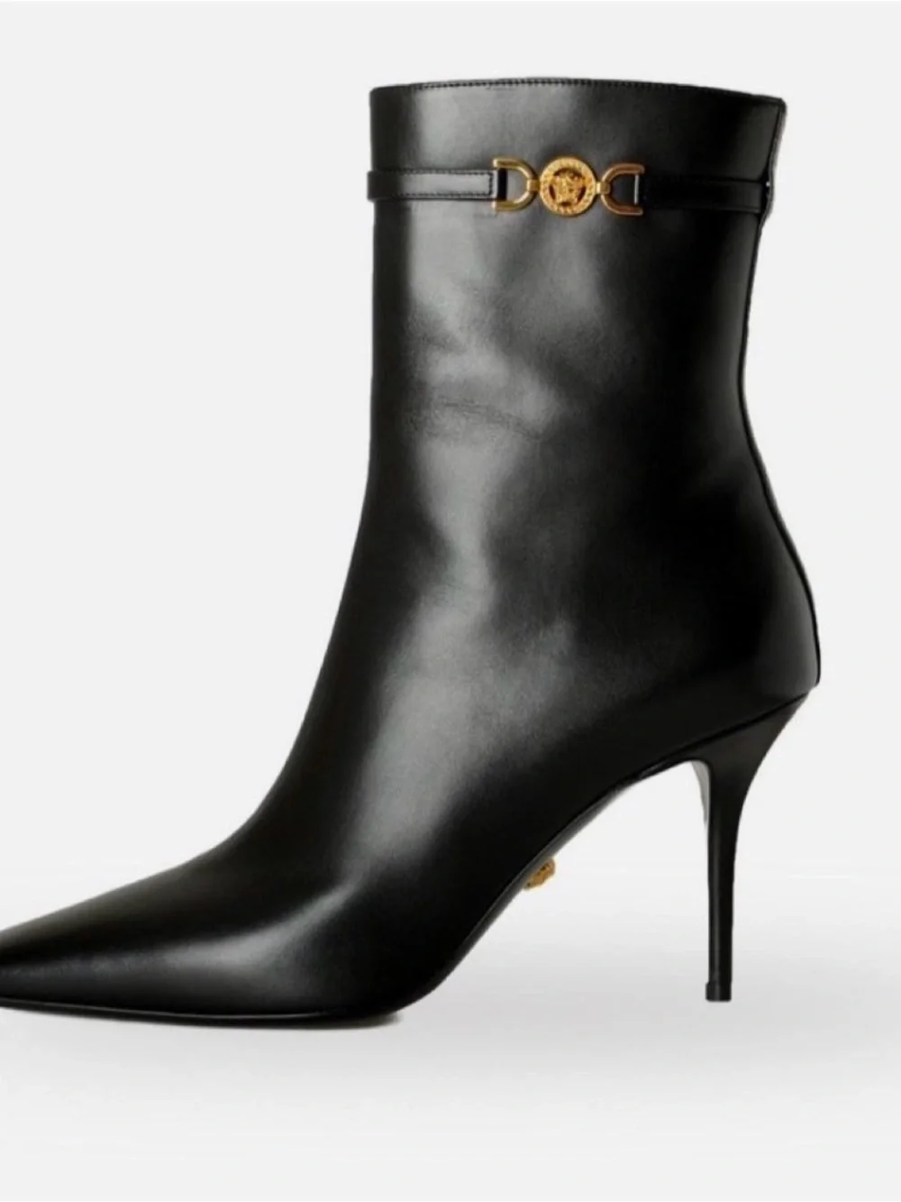 Versace Black Leather Pointed-Toe Stiletto Ankle Boot with Gold Medusa Accent